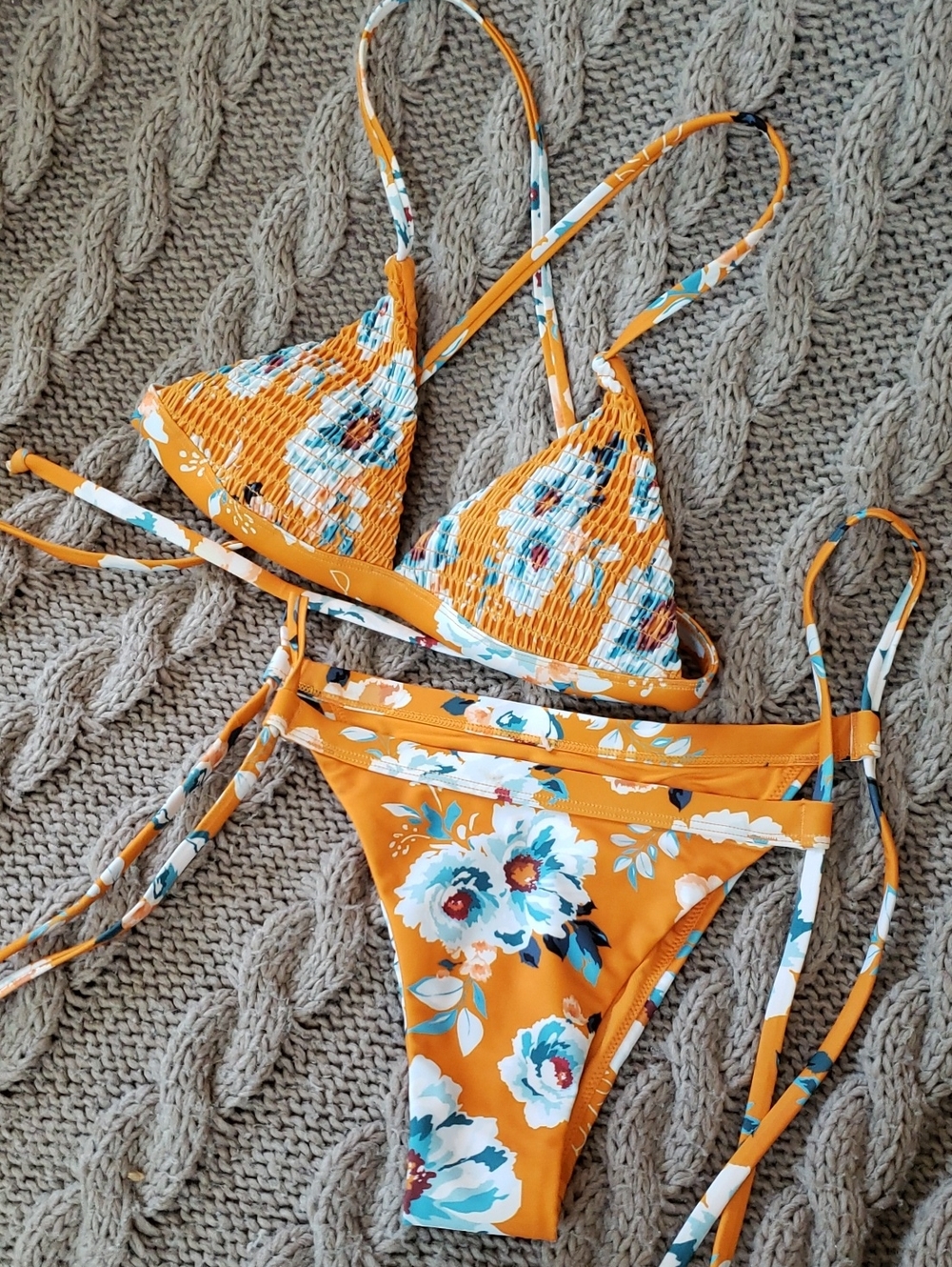Floral Smocked Triangle Bikini Set